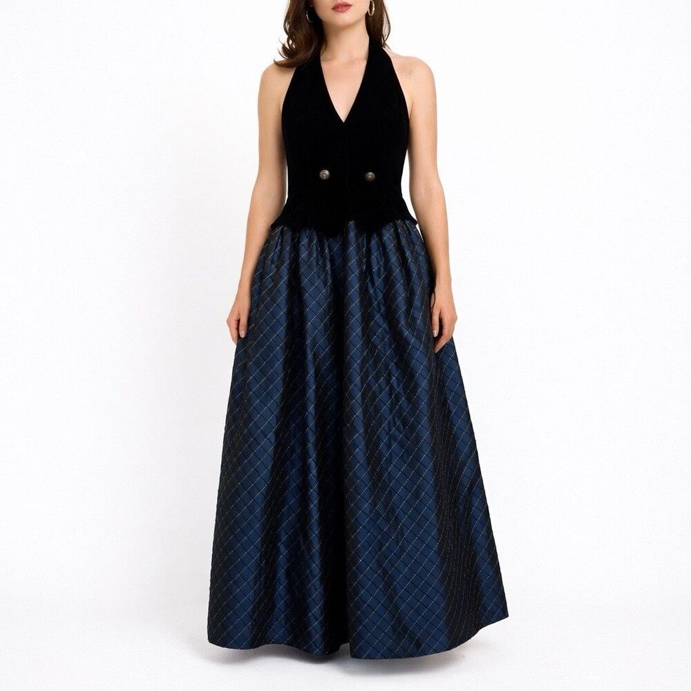Scott McClintock Vintage Gown Dress Velour Formal Flare Long Size 8 Plaid